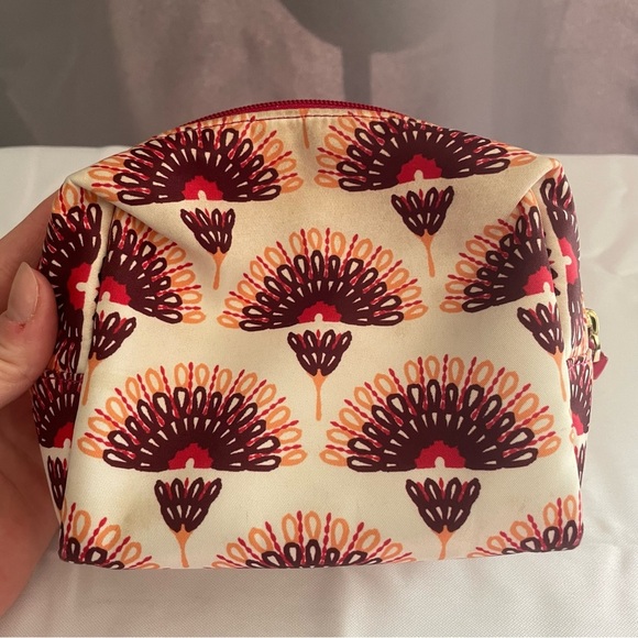 TORY BURCH SMALL FLORAL COSMETIC MAKEUP TOILETRY CASE BAG CREAM PLUM MAGENTA - Picture 6 of 10